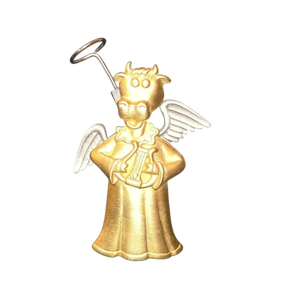 J.J. Jonette Jewelry Brass Pewter Moving Wings & Halo Angel Cow Brooch 2.5